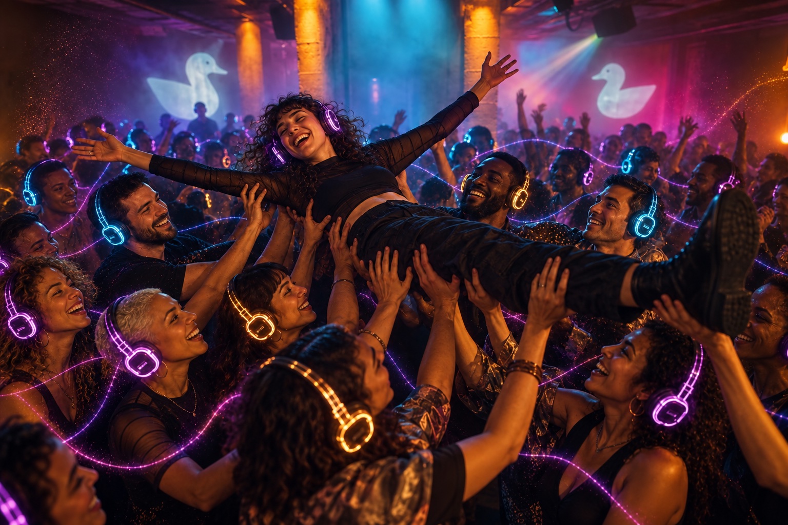 BAMory illustration: friends joyfully carrying a crowdsurfer