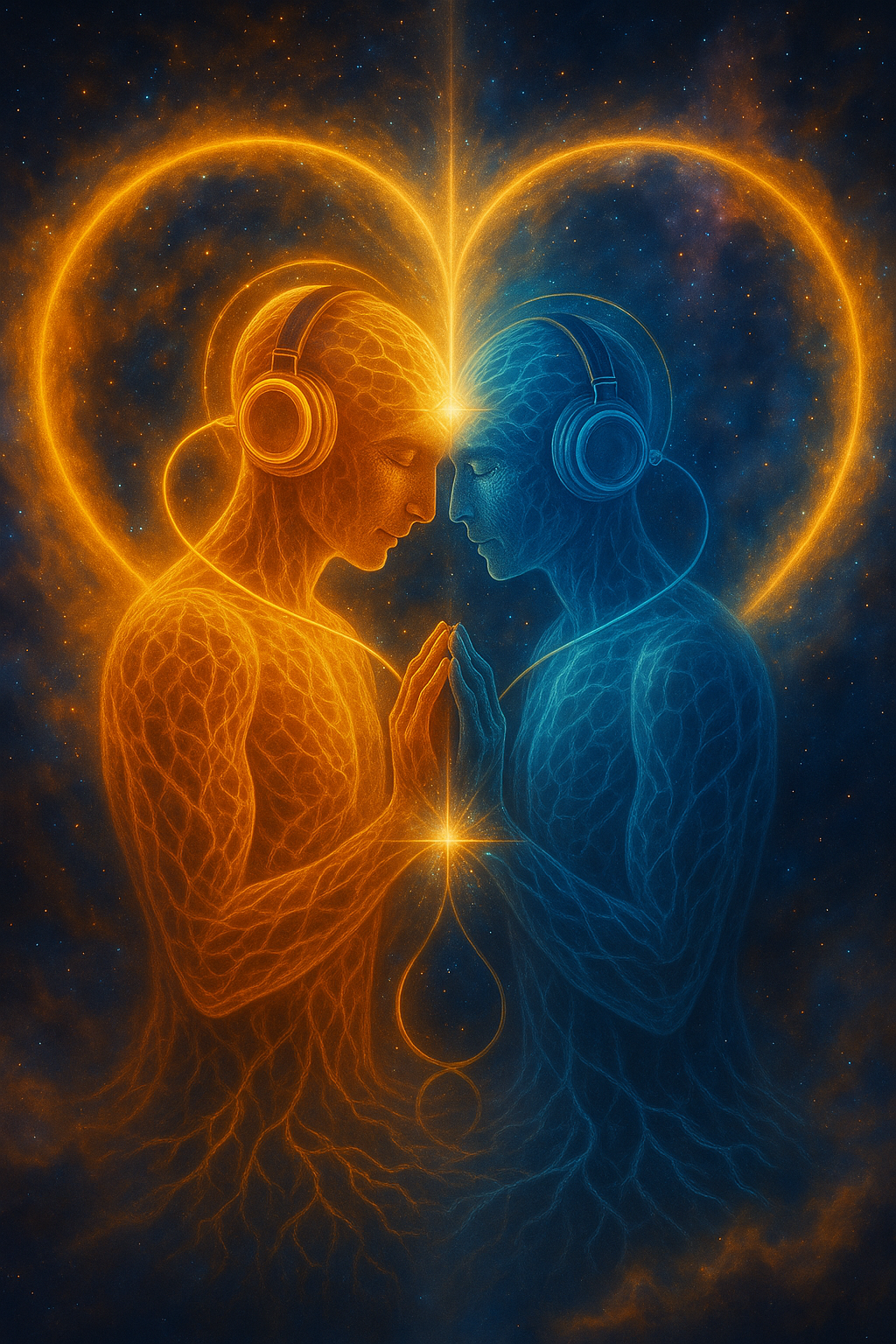 Golden and blue light beings merging in cosmic embrace